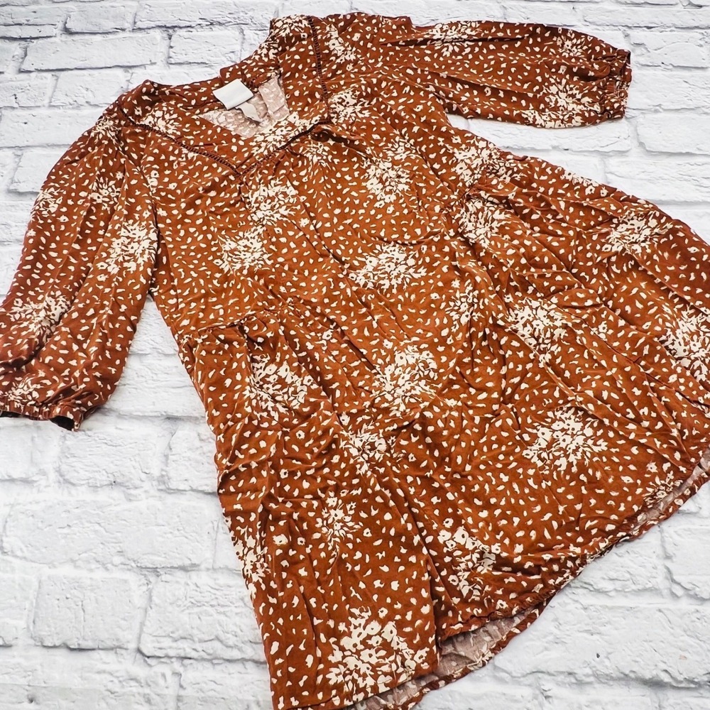 Knox Rose Rust Orange Floral Print Tiered Boho Mini Dress 3/4 Sleeve Medium